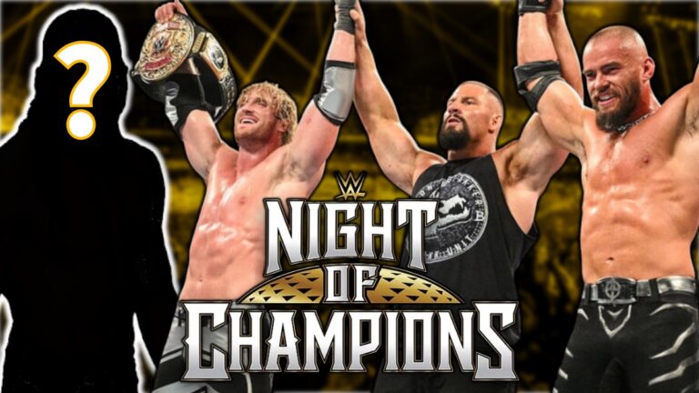 WWE Night of Champions logo with Logan Paul, Austin Theory and Bron Breakker