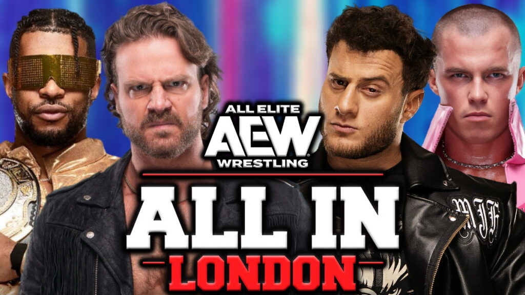 AEW All In London logo with MJF, Kyle Fletcher, Adam Page and Kevin Knight