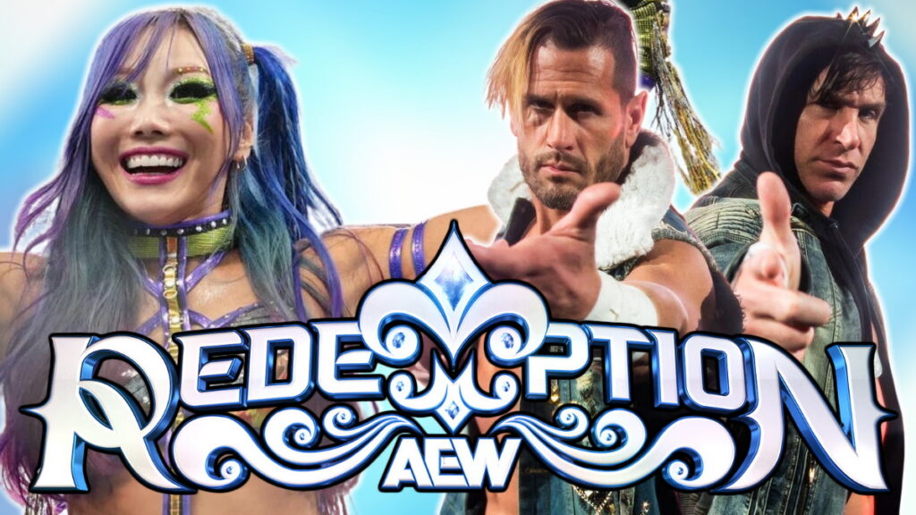 AEW Redemption logo with Motor City Machine Guns' Alex Shelley & Chris Sabin and Kairi Sane