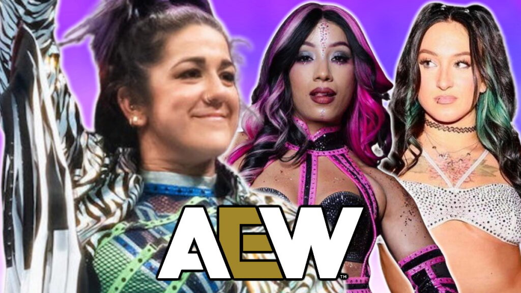 AEW logo with Bayley, Mercedes Mone and Kris Statlander