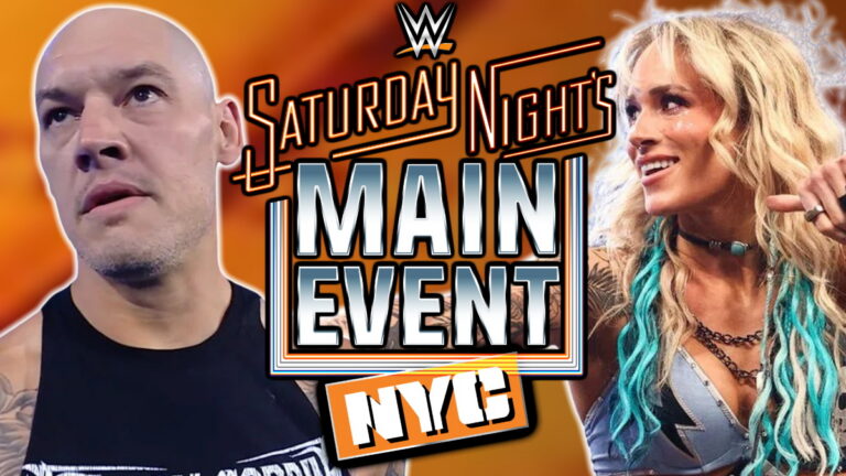WWE Saturday Night's Main Event NYC logo with Sol Ruca and Baron Corbin
