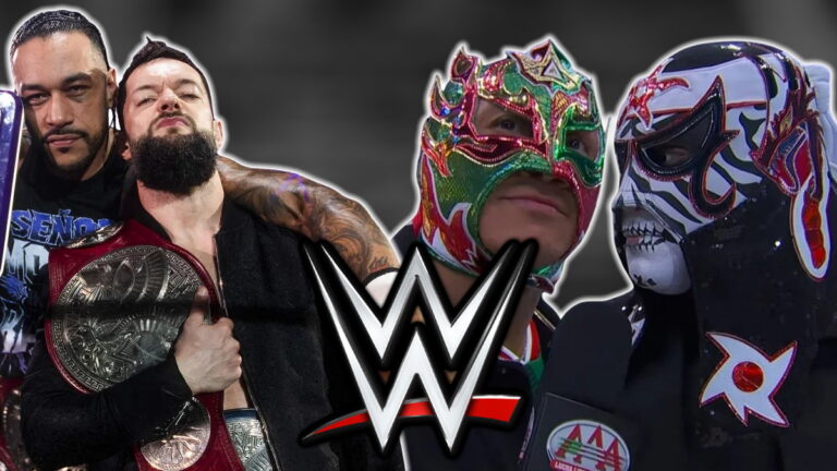 WWE logo with Damian Priest, Finn Balor, Rey Fenix and Penta