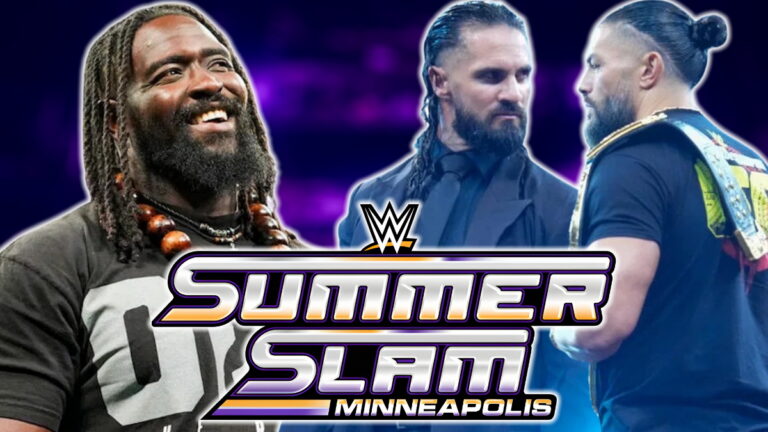 WWE SummerSlam 2026 logo with Oba Femi, Seth Rollins and Roman Reigns