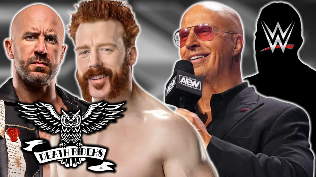Sheamus with AEW's Claudio Castagnoli and Don Callis with the Death Riders and WWE logos