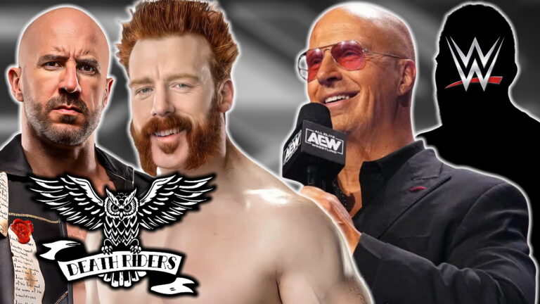 Sheamus with AEW's Claudio Castagnoli and Don Callis with the Death Riders and WWE logos