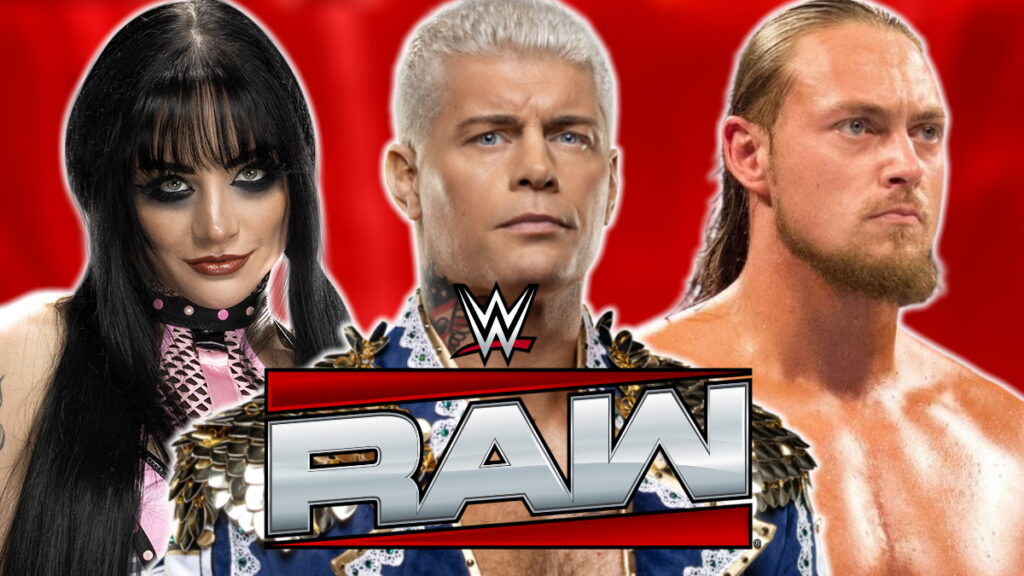 WWE Raw logo with Cody Rhodes, Big Cass and Tatum Paxley