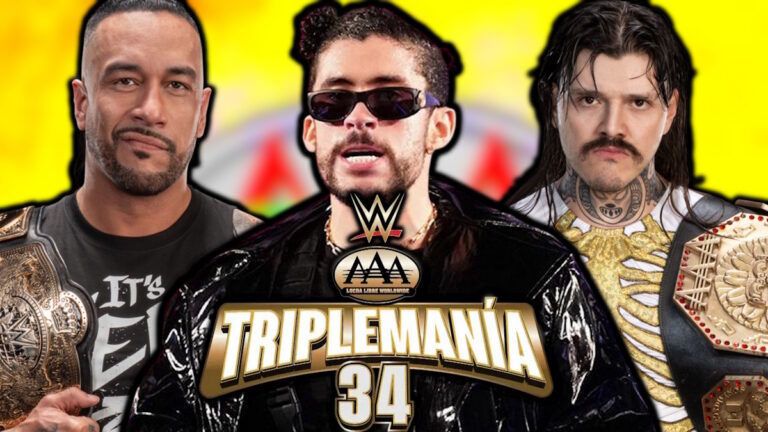 WWE AAA TripleMania logo, Bad Bunny, Damian Priest and Dominik Mysterio