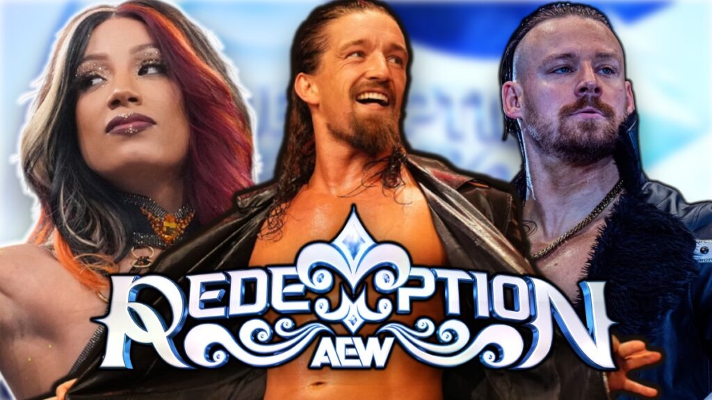 AEW Redemption logo with Mercedes Mone, Jay White and David Finlay