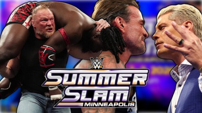 WWE SummerSlam 2026 logo with Brock Lesnar, Oba Femi, CM Punk and Cody Rhodes