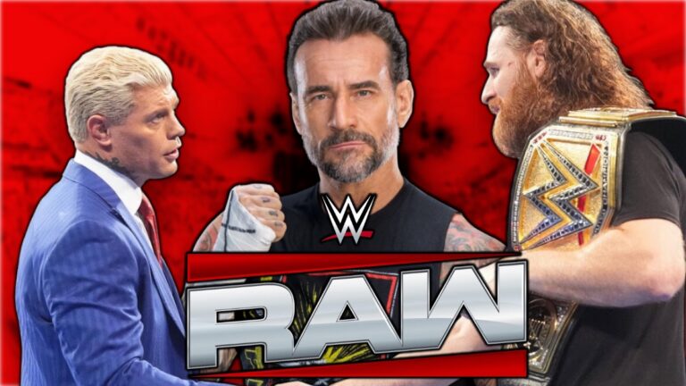 WWE Raw logo with CM Punk, Cody Rhodes and Sami Zayn