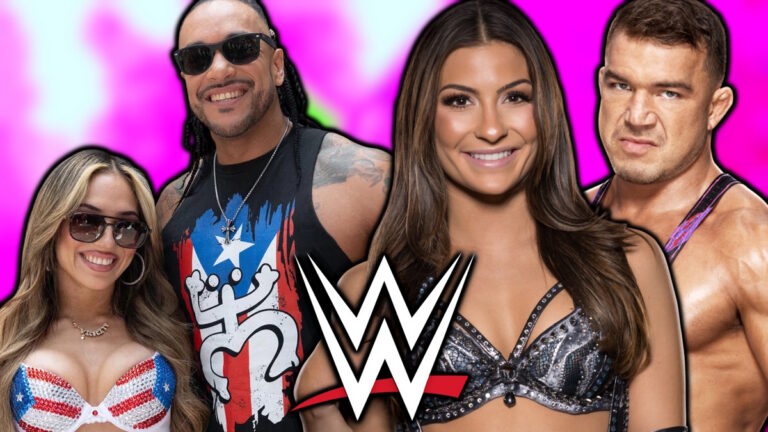 WWE logo, Lola Vice, Damian Priest, Kendal Grey and Chad Gable