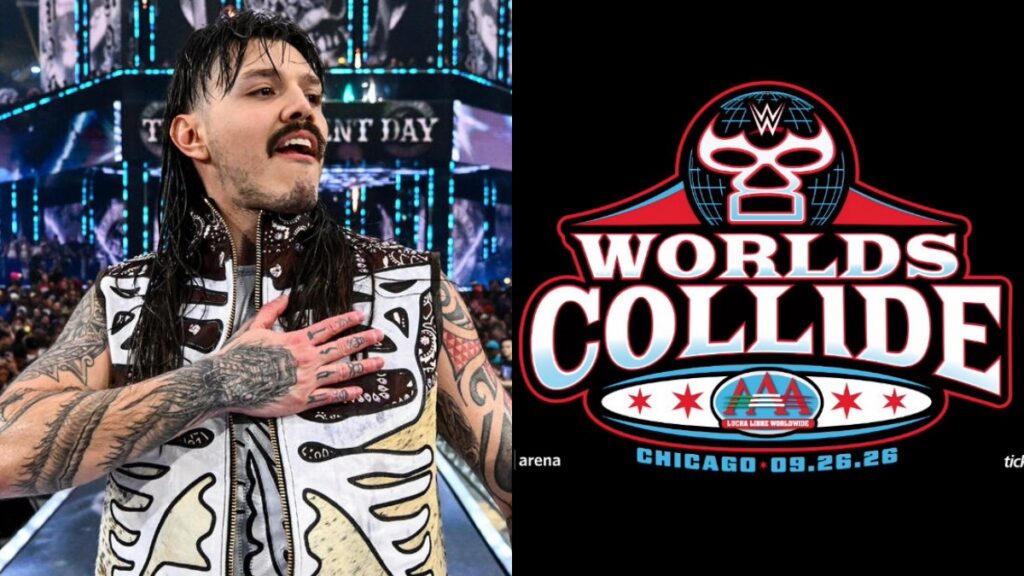 WWE's Dominik Mysterio alongside AAA Worlds Collide logo
