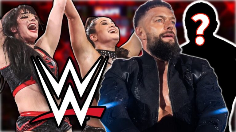 WWE logo with Finn Balor, Lyra Valkyria and Tatum Paxley.