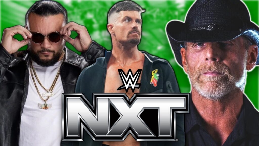 WWE NXT logo with Grayson Waller, Cruz Montana and Shawn Michaels