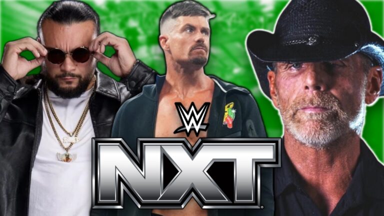WWE NXT logo with Grayson Waller, Cruz Montana and Shawn Michaels