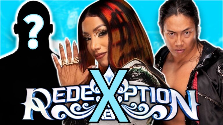 AEW Redemption logo with Konosuke Takeshita and Mercedes Moné