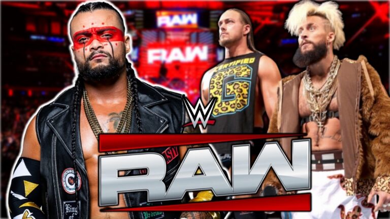 WWE Raw logo with Enzo Amore, Big Cass and Mike Santana