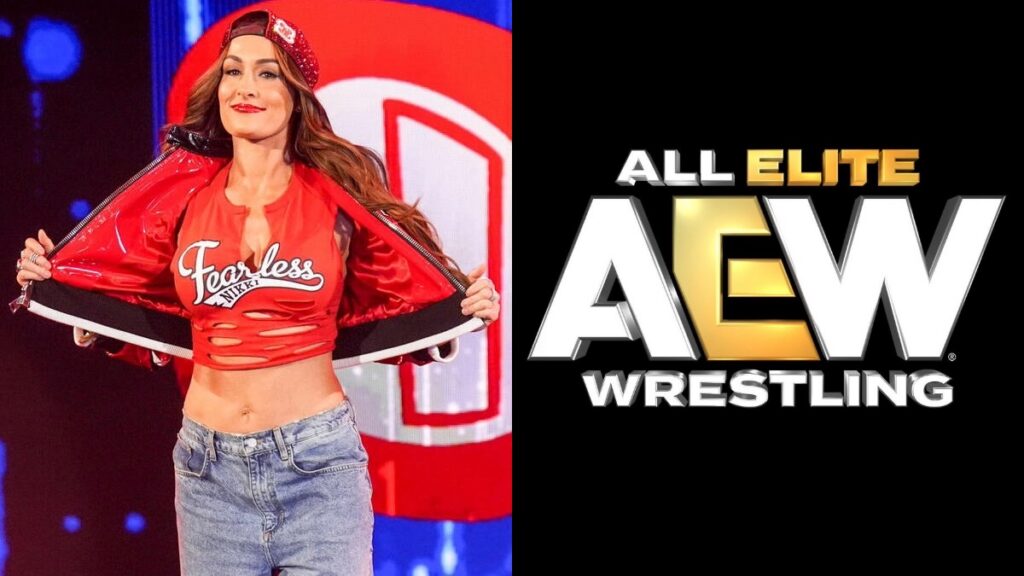 WWE's Nikki Bella alongside the AEW logo