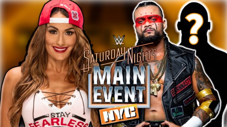 WWE Saturday Night's Main Event NYC logo with Nikki Bella and Mike Santana