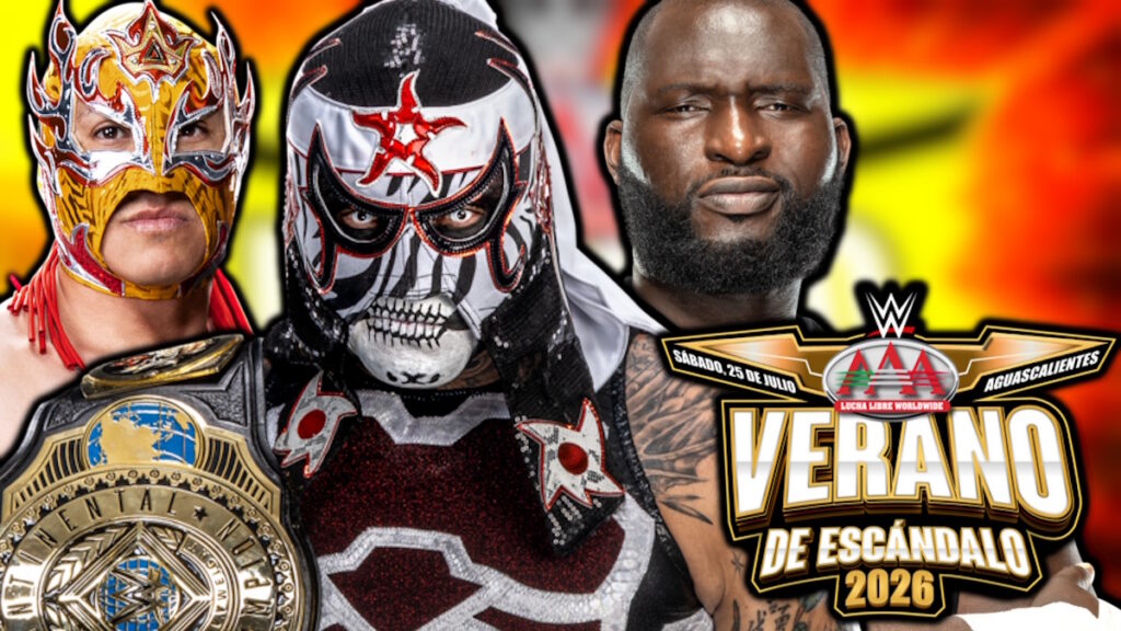 Penta, Rey Fenix and Omos with the WWE AAA Verano De Escandalo logo