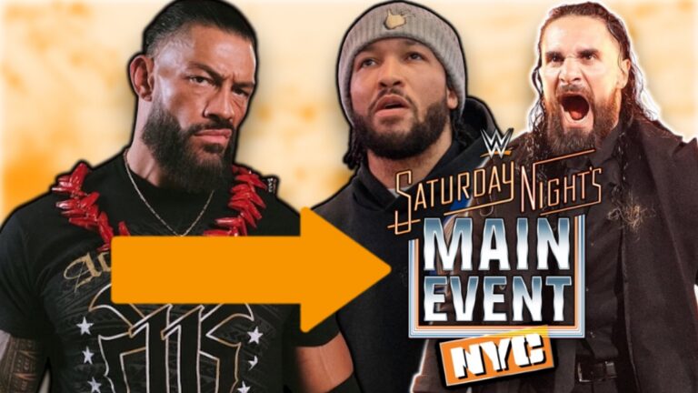 WWE Saturday Night's Main Event logo with Roman Reigns, SETH ROLLINS and Jalen Brunson