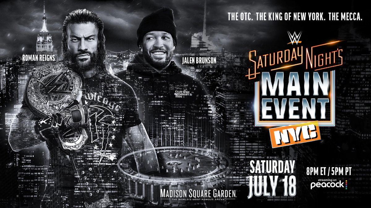 WWE Saturday Night's Main Event poster with Roman Reigns and Jalen Brunson