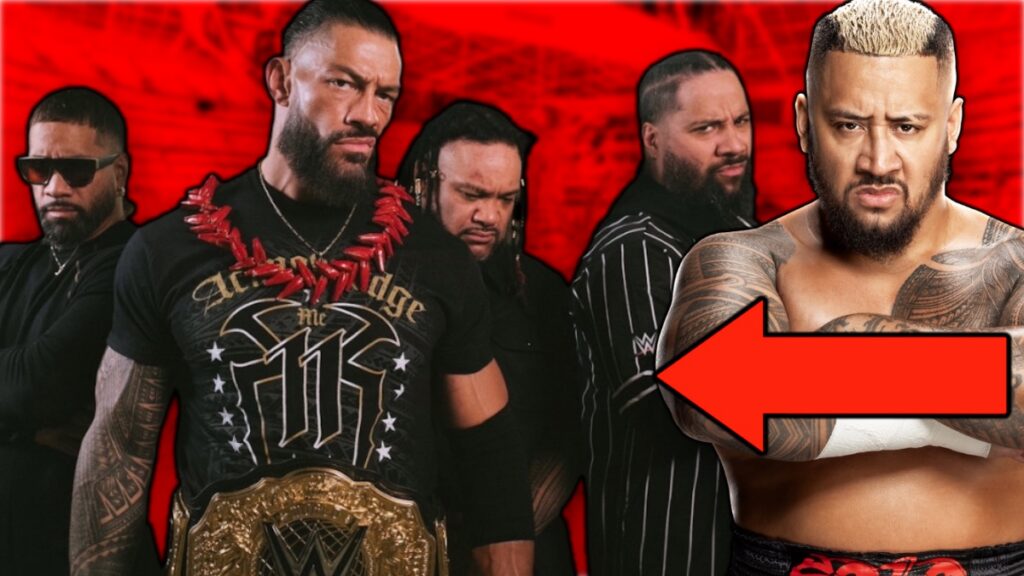 Solo Sikoa next to WWE stars Roman Reigns, Jacob Fatu and The Usos in The Bloodline.
