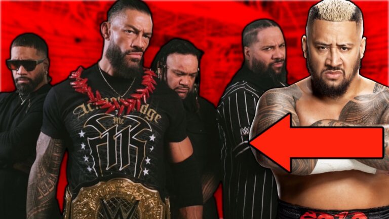 Solo Sikoa next to WWE stars Roman Reigns, Jacob Fatu and The Usos in The Bloodline.
