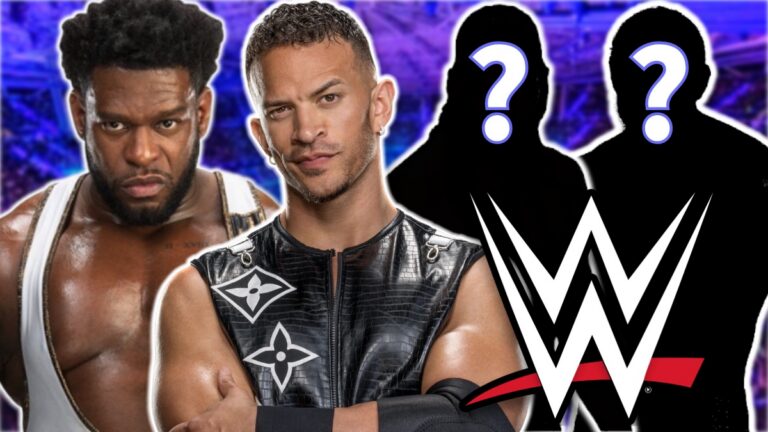 WWE logo with Ricky Saints and Royce Keys