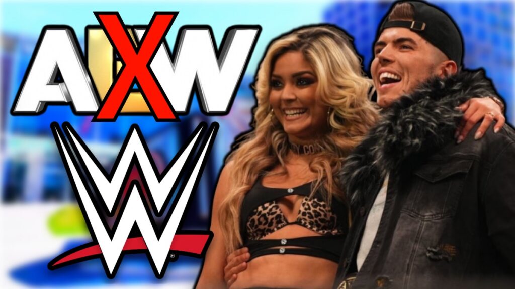 WWE and AEW logos with Sammy Guevara and Tay Melo