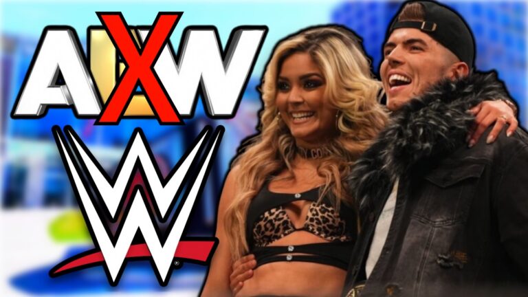 WWE and AEW logos with Sammy Guevara and Tay Melo