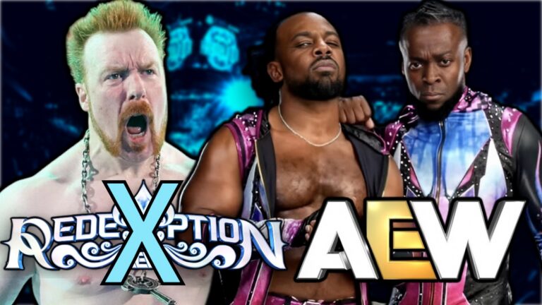 Former WWE stars Sheamus, Kofi Kingston and Xavier Woods next to the AEW and AEW Redemption logos