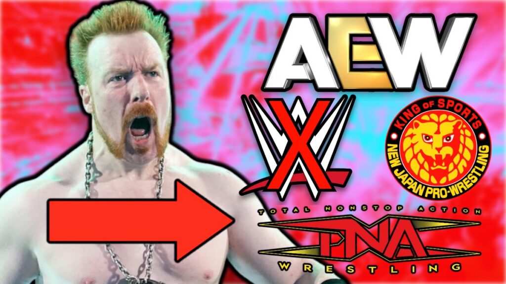 Sheamus with AEW, WWE, NJPW and TNA logos