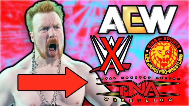 Sheamus with AEW, WWE, NJPW and TNA logos
