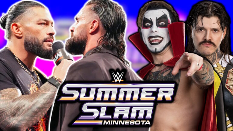 WWE SummerSlam logo, Roman Reigns, Seth Rollins, Danhausen and Dominik Mysterio