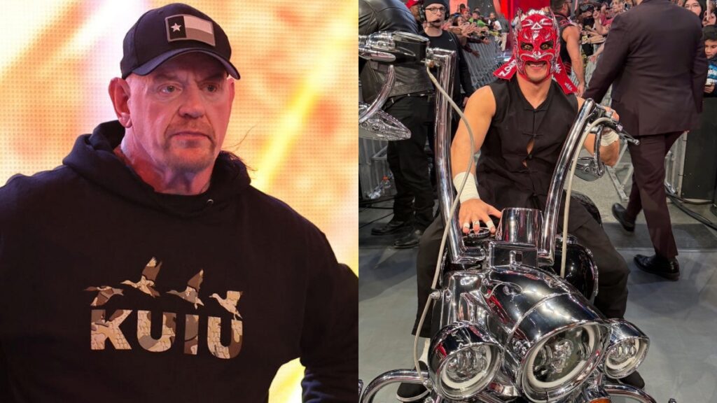 WWE's The Undertaker and Dragon Lee on Taker's bike.