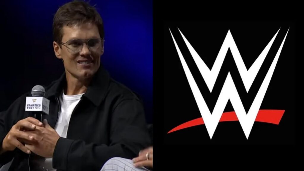NFL legend Tom Brady on Cody Rhodes' What Do You Wanna Talk About podcast, next to the WWE logo