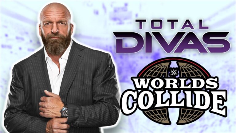 WWE's Triple H with Total Divas and Worlds Collide logos