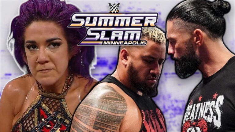 WWE SummerSlam logo next to Bayley, Roman Reigns and Solo Sikoa