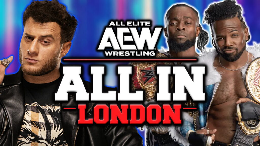 AEW All In London logo with MJF, Xavier Woods and Kofi Kingston