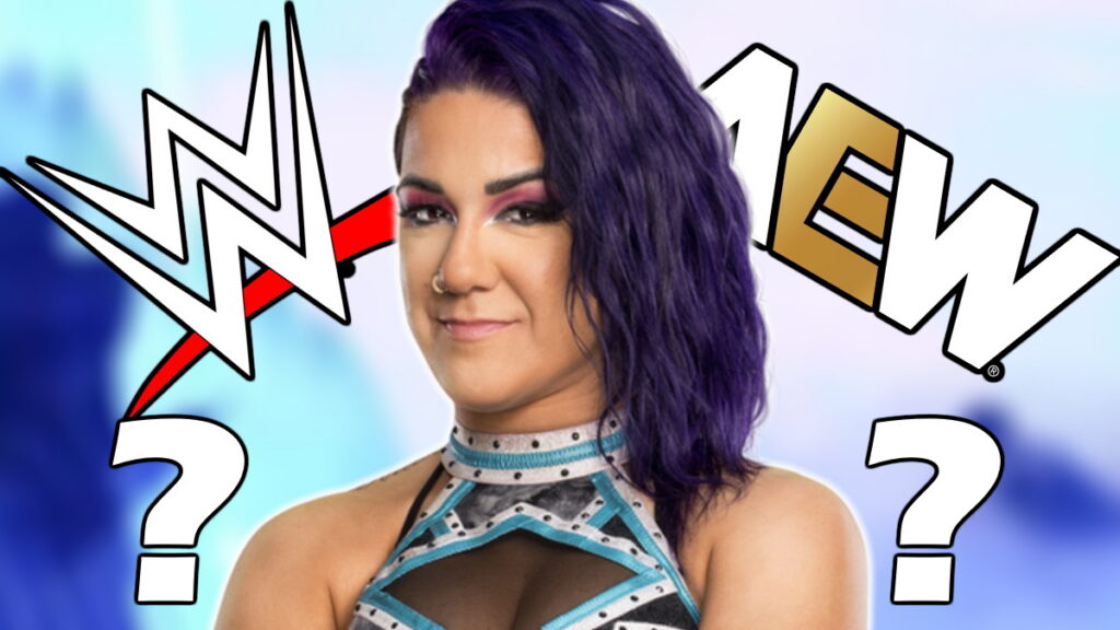 WWE star Bayley with WWE and AEW logos