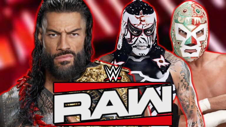 WWE Raw logo with Roman Reigns, El Hijo del Dr Wagner Jr and Penta