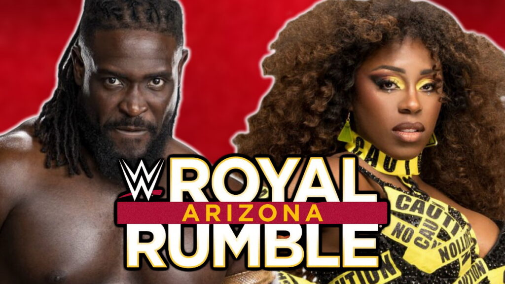 WWE Royal Rumble logo with Oba Femi and Naomi