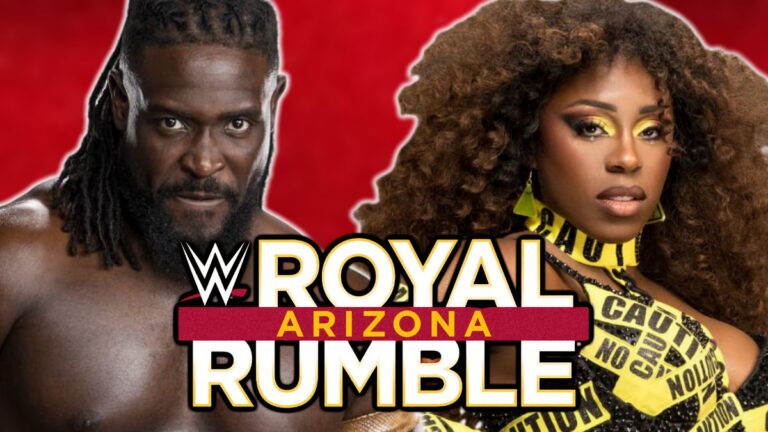 WWE Royal Rumble logo with Oba Femi and Naomi