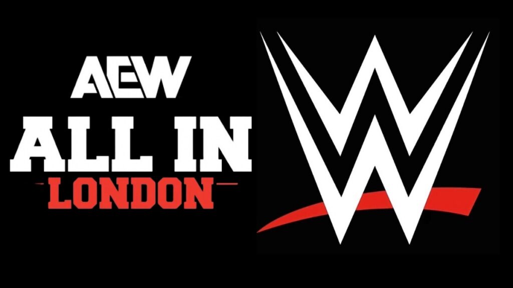 AEW All In London and WWE logos