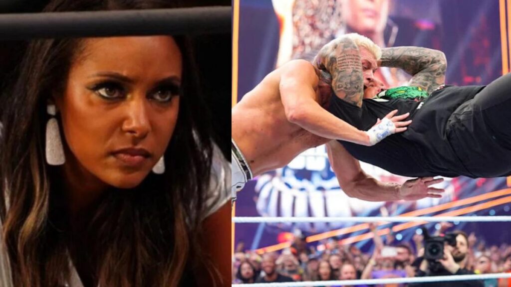 Brandi Rhodes next to WWE stars Cody Rhodes and Randy Orton