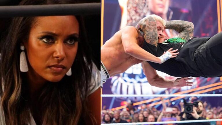 Brandi Rhodes next to WWE stars Cody Rhodes and Randy Orton