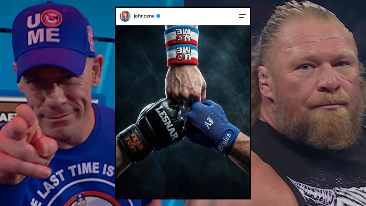 John Cena's Instagram post of his, AJ Styles and Brock Lesnar's fists following Lesnar's retirement.