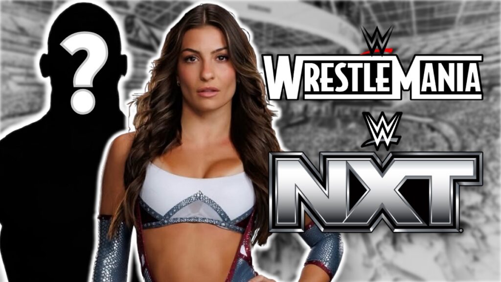 Kendal Grey next to the WrestleMania and WWE NXT logos