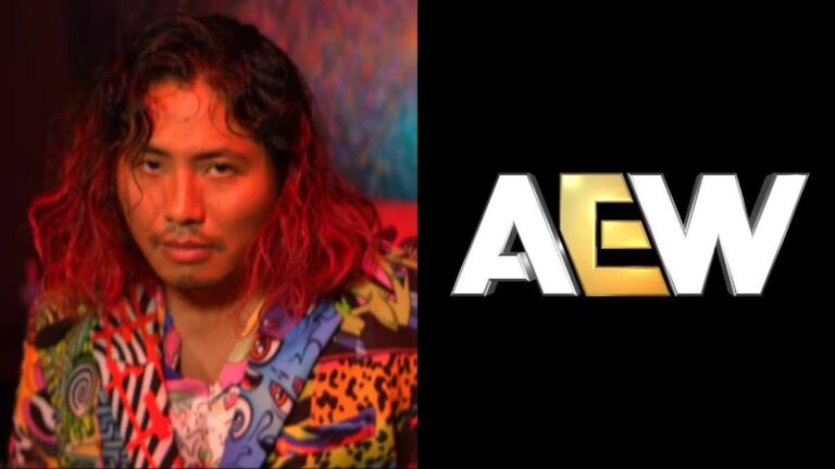 WWE star Kyoki (Hiromu Takahashi) next to the AEW logo